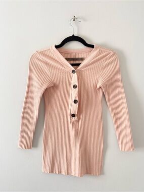 Enza Costa Ribbed Henley Shirt 3/4 Sleeve Top Stretch Lightweight Buttons
